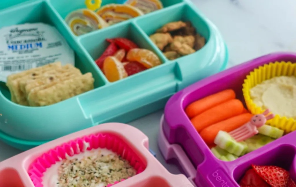 Colorful healthy lunchbox with fruit, sandwich, and snacks